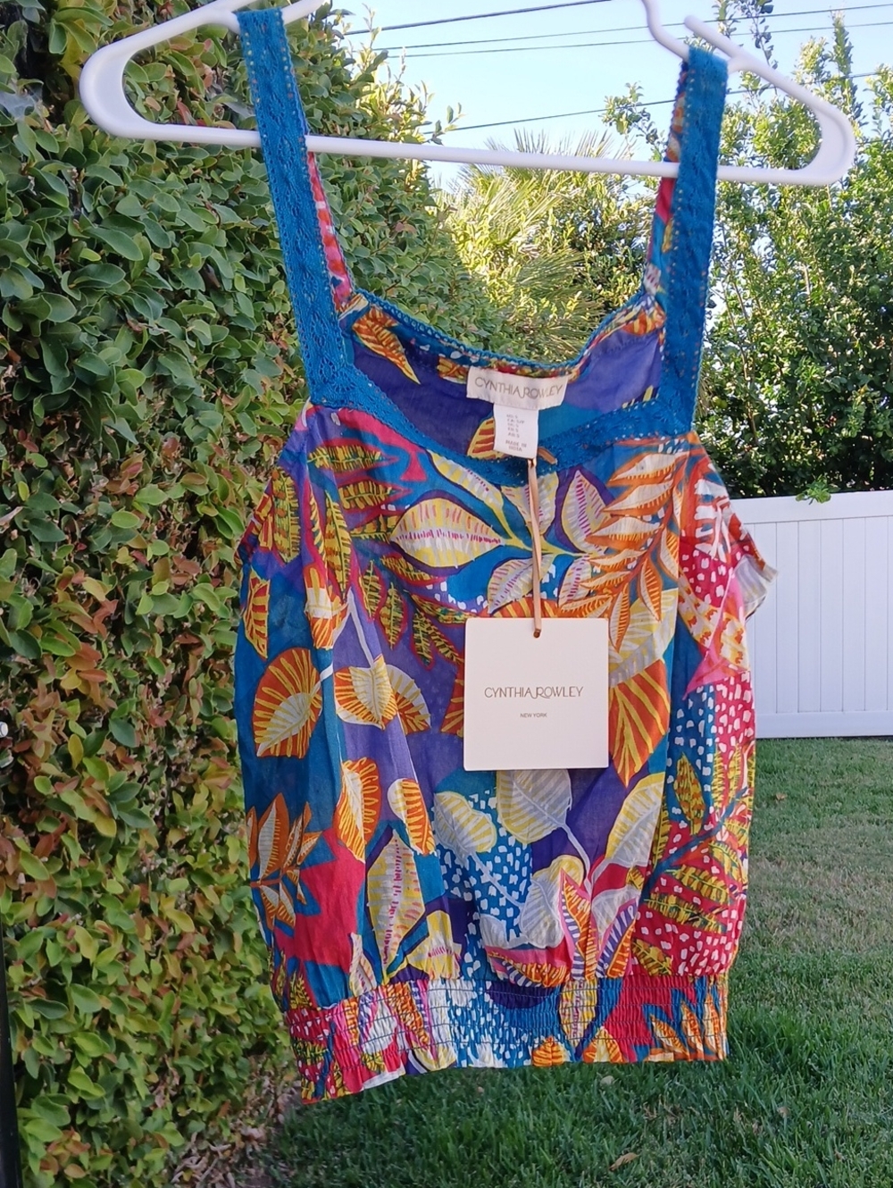 Cynthia Rowley Blue Tropical Leaf Print Tank with Crochet Straps